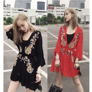 3/4-sleeve Embroidered Mini Tunic Dress