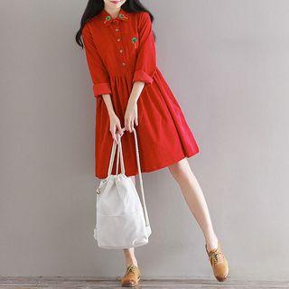 Embroidered Corduroy Long-sleeve Shirt Dress
