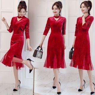 Choker-neck Mesh Panel Midi A-line Dress
