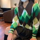 Long-sleeve Plaid Collar Knit Sweater