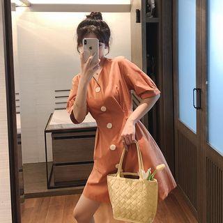 Elbow-sleeve Bow Back Buttoned A-line Dress