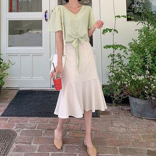 Linen Blend Flounced-hem Skirt