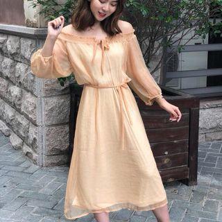 Off-shoulder 3/4-sleeve Midi Shift Dress Gold - One Size