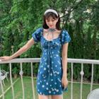 Floral Print Puff-sleeve Mini A-line Denim Dress