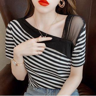 Short-sleeve Striped Mesh Panel T-shirt
