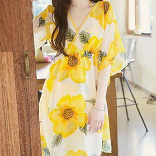 Set: Plain Bikini + Floral Print Cover-up