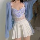 Lace Camisole / Pleated Mini A-line Skirt / Cardigan