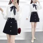 Set: Bow-accent Shirt + Rhinestone A-line Skirt