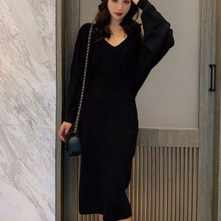 Set: V-neck Sleeveless Sheath Knit Dress + Open Front Cardigan