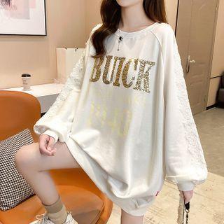 Oversize Long-sleeve Lace Panel Rhinestone Lettering Sweatshirt