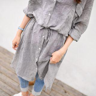 Flap-pocket Drawstring-waist Shirtdress