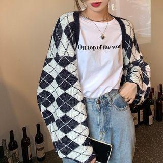 Open-front Argyle Cardigan Black Argyle - White - One Size