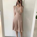 Short Sleeve Beaded Button Tie-waist Knit Dress
