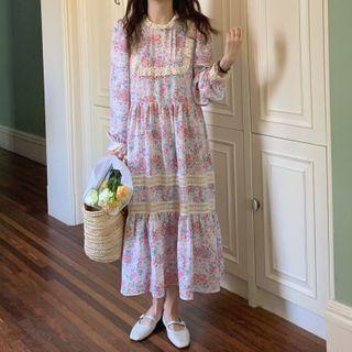Long-sleeve Floral Print Midi Dress Floral - Pink - One Size