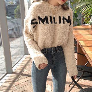 Drop-shoulder Letter Print Boucl  Knit Top