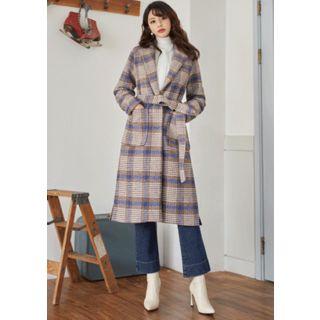 Plaid Wool Blend Wrap Coat With Sash