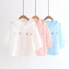 Cat Embroidered Hooded Lantern-sleeve Blouse