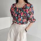 Off-shoulder Puff-sleeve Floral Top Red - One Size
