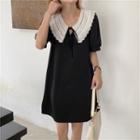 Contrast Collar Tie-neck Short-sleeve Mini A-line Dress