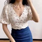 Cherry Print Elbow-sleeve V-neck Cropped Blouse