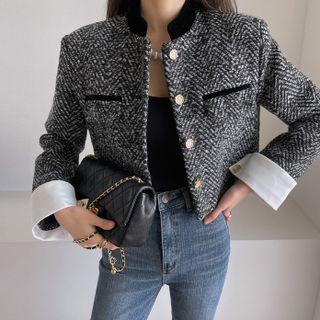 Stand-collar Herringbone Tweed Jacket Black - One Size