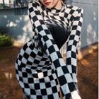Long-sleeve Turtleneck Checkerboard Sheath Dress