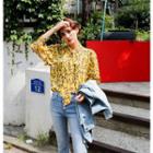 Tie-front Pattern Blouse Yellow - One Size