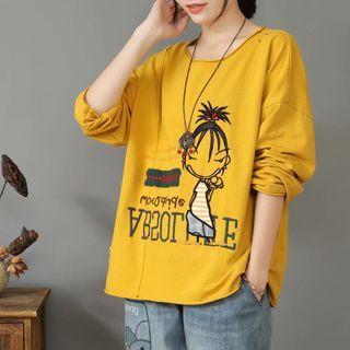 Cartoon Embroidered Distressed T-shirt