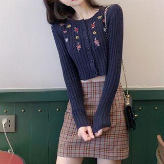 Floral Embroidered Ribbed Cardigan / Plaid A-line Skirt Cardigan - Navy Blue - One Size