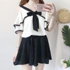 Ruffle Short-sleeve Cold Shoulder Bow Top / Plain Wide Leg Shorts