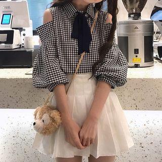 Cold-shoulder Gingham Shirt / Pleated Mini A-line Skirt