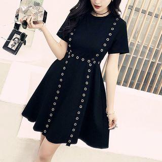Short-sleeve Grommet Trim A-line Dress