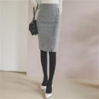 Button-trim Herringbone Pencil Skirt