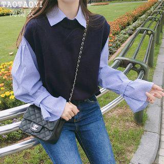 Striped Shirt / Side Lace-up Knitted Vest