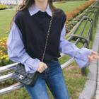 Striped Shirt / Side Lace-up Knitted Vest