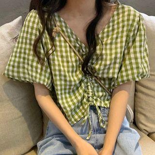 Puff-sleeve Gingham Check Drawstring Crop Top