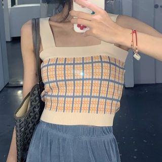 Wide Strap Plaid Knit Top