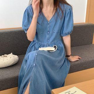 V-neck High-waist Puff-sleeve Denim Dress