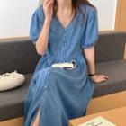 V-neck High-waist Puff-sleeve Denim Dress