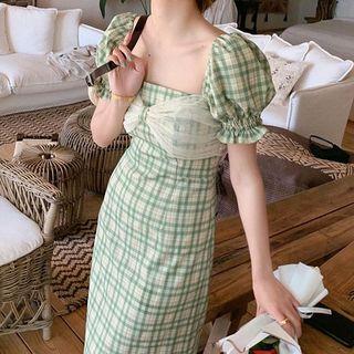 Puff-sleeve Mesh Panel Plaid Midi Sheath Dress
