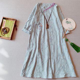 Long-sleeve Embroidered Frog-button Linen Midi A-line Dress