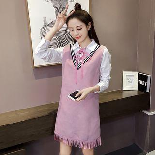 Set: Bow Neck Blouse + Sleeveless A-line Dress