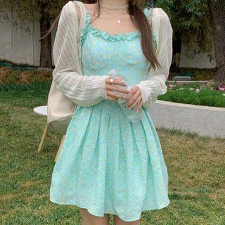 Strappy Ruffle Trim A-line Dress / Cardigan