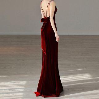 Spaghetti Strap Shirred Mermaid Evening Gown