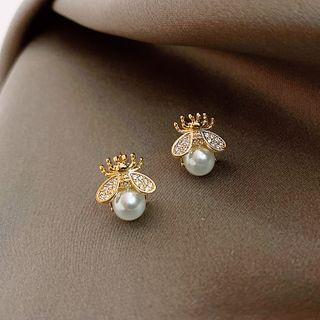 Rhinestone Faux Pearl Bee Earring 1 Pair - As Shown In Figure - One Size