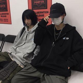 Couple Matching Letter Print Hooded Zip Jacket