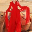 Set: Puff-sleeve Midi A-line Dress + Scarf