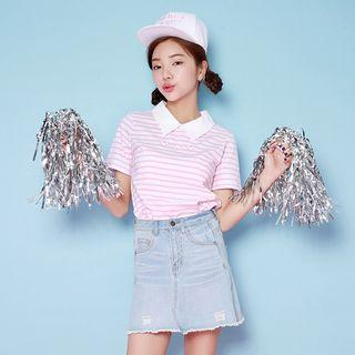Heart Embroidered Striped Short Sleeve T-shirt