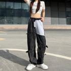 High Waist Panel Washed Cargo Baggy Jeans