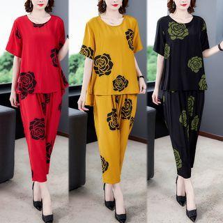 Set: Short-sleeve Floral Print Top + Harem Pants